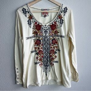 NWT Johnny Was Zaret Embroidered Floral Button Sleeve Tee M